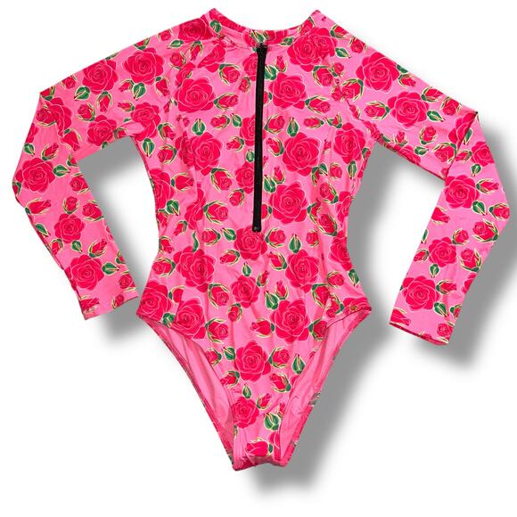Betsey Johnson Womens One Piece Swimsuit Scuba Knit Half Zip Long Sleeve Pink M - Picture 1 of 14